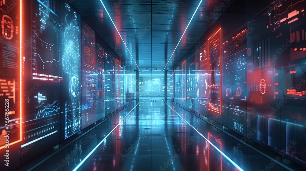 Poster a conceptual image of a minimalist digital information hub with interactive touchscreens and real - 