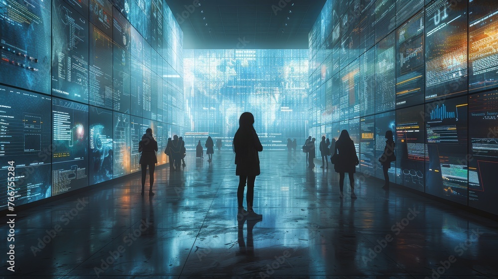 Poster a conceptual image of a minimalist digital information hub with interactive touchscreens and real - 