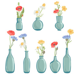 vector drawing glass bottles with wild flowers, bouquets with poppy, daisy, cornflower and buttercup, isolated at white background, hand drawn illustration