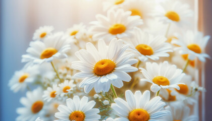 Obraz premium Cluster of bright daisies basks in the gentle light, their white petals and golden centers a picture of natural serenity...