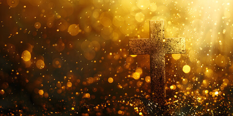 This is a beautiful gold bokeh background with a Christian cross, perfect for religious events and celebrations. - obrazy, fototapety, plakaty