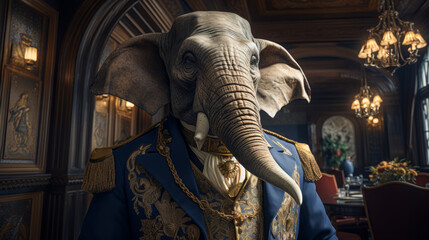 A man in a blue suit with an elephant head on his head. The elephant is wearing a crown and a cape
