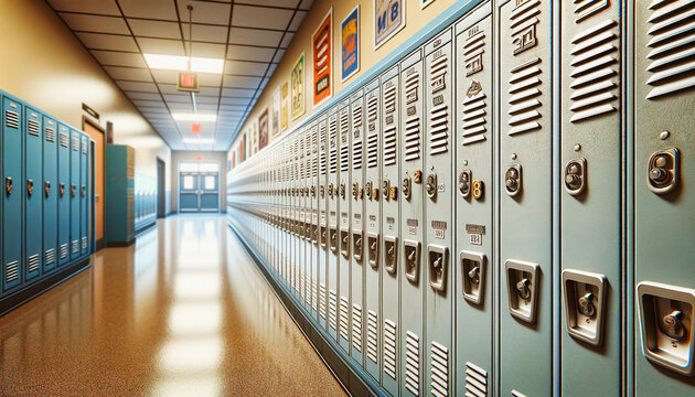 Endless rows of school lockers stand ready for students in a quiet hallway.