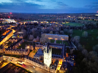 Aerial View of Illuminated Historical Oxford Central City of England at Night. England United...