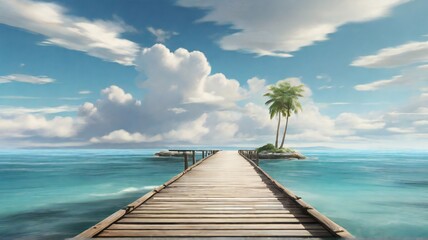Beautiful tropical landscape background, with wooden pier leading to an island in the ocean with blue sky. generative ai - obrazy, fototapety, plakaty