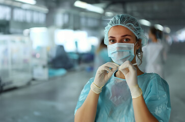 Fototapeta na wymiar Female nurse, mask on, gloves up