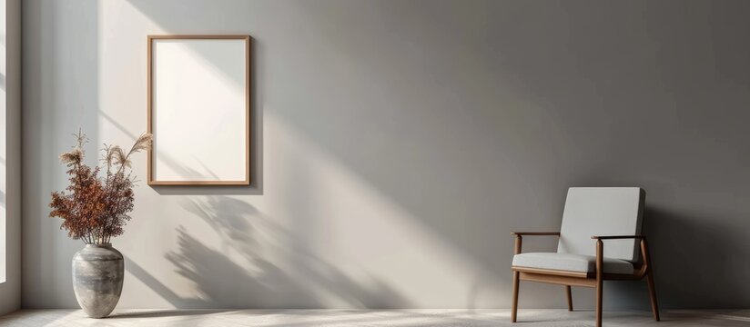 Empty picture frame mockup displayed on a grey wall with copy space, showcasing artwork in a modern Scandinavian style interior including a chair. Emphasizing home staging and minimalism concept.