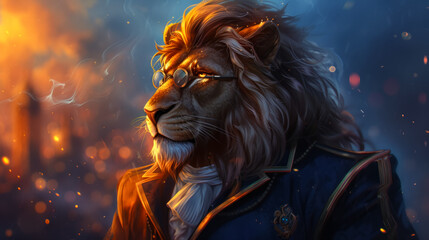 A lion wearing glasses and a blue coat. The lion is looking at the camera. The image has a vintage feel to it