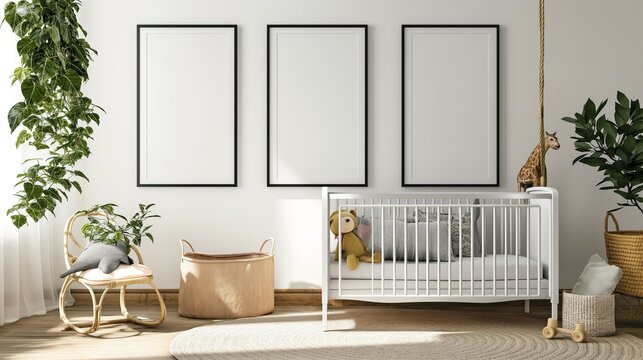 Mock up frame, lovely children room, home interior, 3d render
