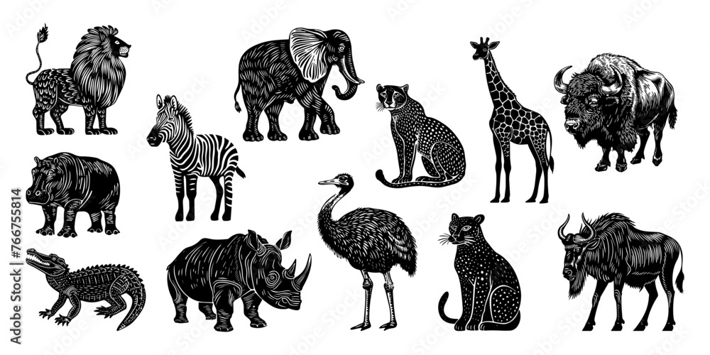 Wall mural hand drawn set with african animals in linocut style. isolated on white background.