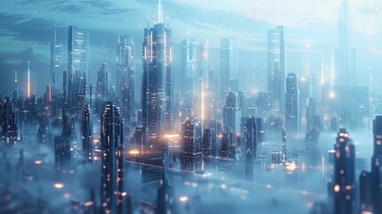 A conceptual image of a minimalist futuristic cityscape with advanced technology integrated into urban infrastructure - obrazy, fototapety, plakaty