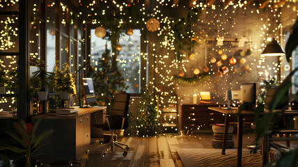 A Christmas office with a Christmas tree and lights. The lights are falling from the ceiling and the room is decorated with Christmas decorations