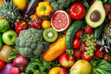 Top view of a wide variety of fresh fruits, vegetables and greens