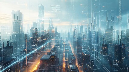 A conceptual image of a minimalist futuristic cityscape with advanced technology integrated into urban infrastructure - obrazy, fototapety, plakaty