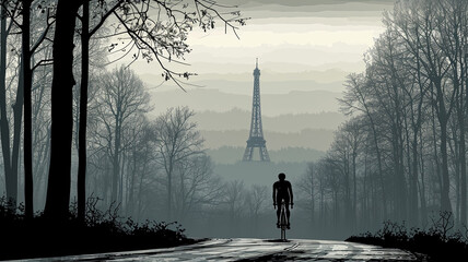 A man is riding a bicycle down a road in a forest. The sky is overcast and the trees are bare. The man is wearing a helmet and he is enjoying the ride - obrazy, fototapety, plakaty