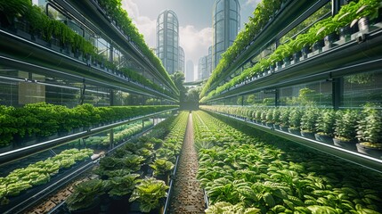 Fototapeta premium A conceptual image of a minimalist hydroponic city farm with futuristic skyscrapers and advanced agricultural technology