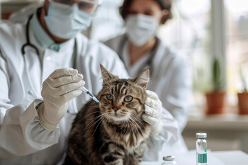 A cat is vaccinated with a Veterinarian Providing Care to a cat. Generative ai - obrazy, fototapety, plakaty