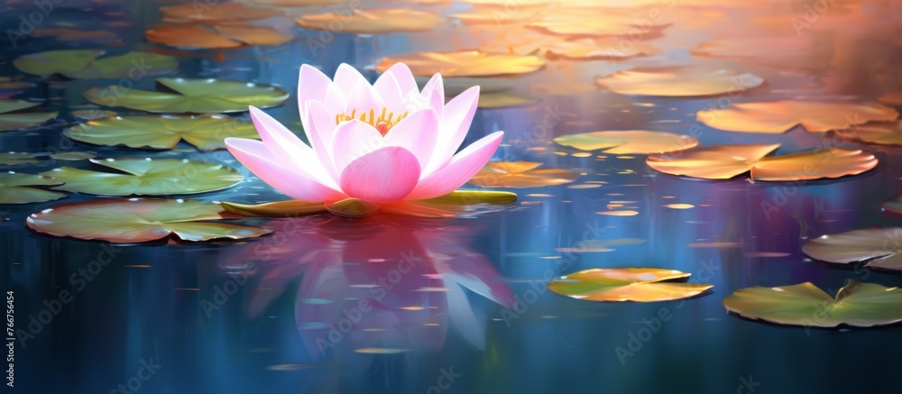 Poster a fragrant white water lily is peacefully floating on the surface of a pond, surrounded by lily pads