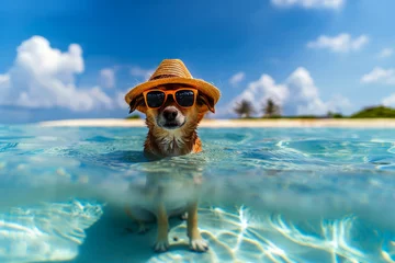 Fotobehang dog summer holiday wearing sunglasses having fun with water on the beach, generative ai © Phichitpon