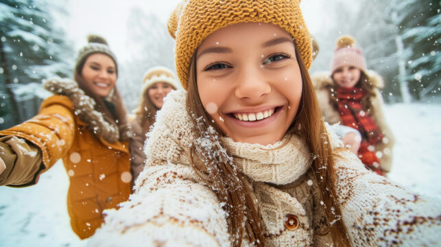 A group of women are smiling and posing for a picture in the snow. They are all wearing hats and scarves, and one of them is holding a cell phone. Scene is cheerful and lighthearted