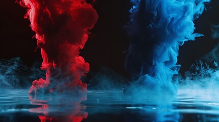 Blue and Red Paint in Water on Black Background