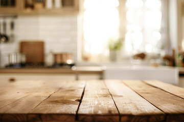 Blurred kitchen background with a focus on the wooden tabletop - obrazy, fototapety, plakaty
