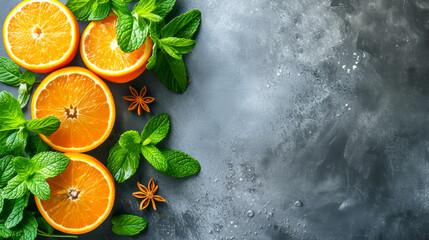 A close up of four oranges and a bunch of mint leaves. The oranges are cut in half and the mint leaves are scattered around them. Concept of freshness and health, as the combination of oranges - obrazy, fototapety, plakaty