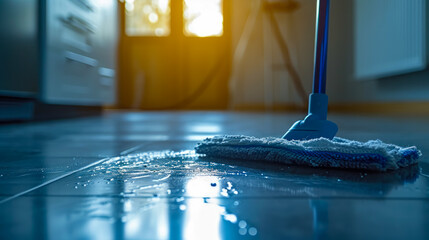 A blue mop is on the floor in a kitchen. The mop is wet and has a blue and white handle
