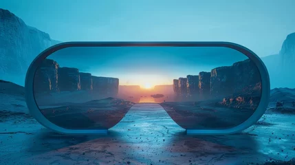 Foto op Canvas A conceptual image of a minimalist virtual reality headset with futuristic digital landscapes visible inside © Media Srock