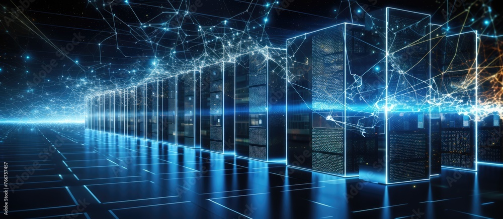 Poster a row of servers in a dark room creates a symmetrical pattern with electric blue lights. the space i