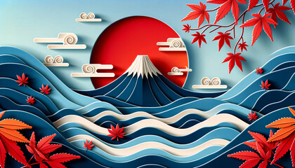 Tranquil Mount Fuji with Cherry Blossoms in Paper Art