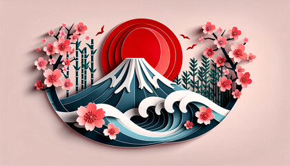 Tranquil Mount Fuji with Cherry Blossoms in Paper Art