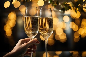 Champagne Toast: Close-up of clinking champagne glasses.