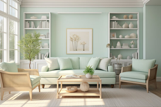 A serene living space in soft mint green hues, featuring an empty white frame amidst light and airy decor, creating a peaceful atmosphere.