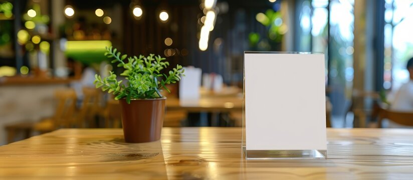 Label the empty menu frame at the Bar restaurant with white paper booklets in acrylic tent card holders on a wooden table in the cafeteria with a blurred background for customers to insert text.