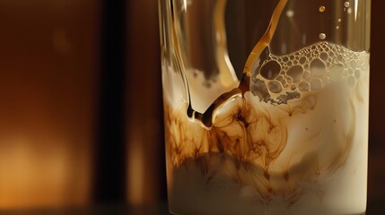 Close-up View of Coffee Mixing with Milk in Glass