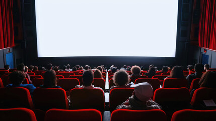 Blank white screen, red chairs, and blurred silhouettes in cinema