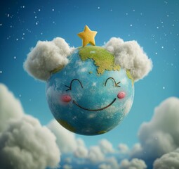 A gleeful Earth with clouds for earrings against a starry sky