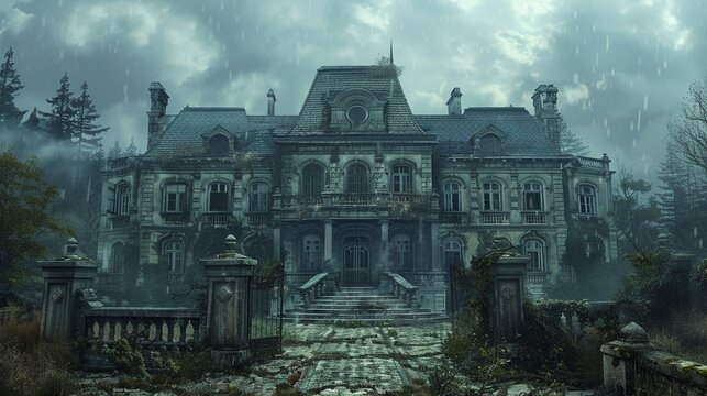 Render a horrifyingly realistic depiction of a luxurious mansion inhabited by malevolent spirits