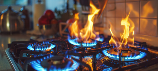 Close-up shot of intense blue propane gas flames on kitchen stove top with copy space - obrazy, fototapety, plakaty