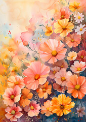 An art piece featuring a bunch of peachcolored flowers against a vibrant blue background. The flowers belong to the Daisy family and are arranged in a beautifully aesthetic way