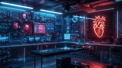 A digital concept of a futuristic cardiology lab with minimalist equipment and high - tech diagnostic tools for heart health - obrazy, fototapety, plakaty