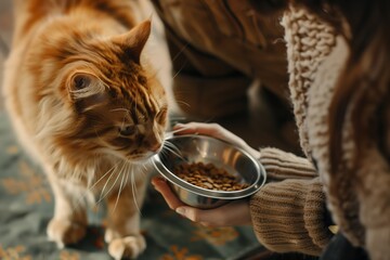 Feeding cat, close up at shiny metal bowl filled with dry cat food to an attentive ginger orange cat.