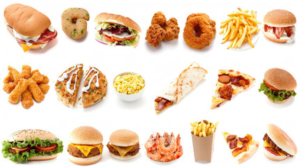 Assorted fast food items isolated on white