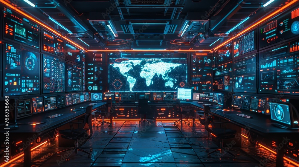 Aufkleber a digital illustration of a futuristic cybersecurity center with advanced threat detection and respo