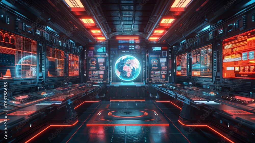 Aufkleber a digital illustration of a futuristic cybersecurity center with advanced threat detection and respo