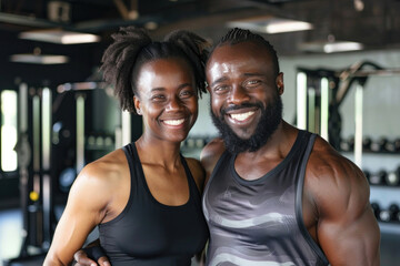 Fototapeta na wymiar Athletic couple smiling in gym
