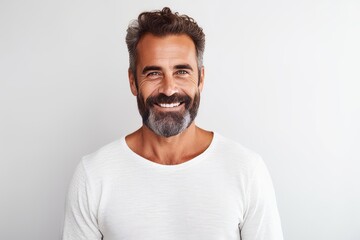 Portrait of handsome mature man looking at camera and smiling while standing against grey background - obrazy, fototapety, plakaty