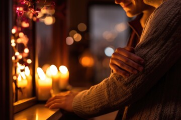 Fireplace Romance: Close-up of a couple's hands by the fireplace.