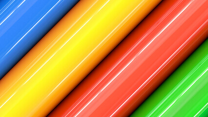 Colored background with diagonal tubes. Colorful cylinders with highlights. Blue, red, yellow, green geometric shapes. 3d render